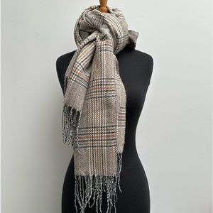 Long Plaid Scarf Tan With Fringe